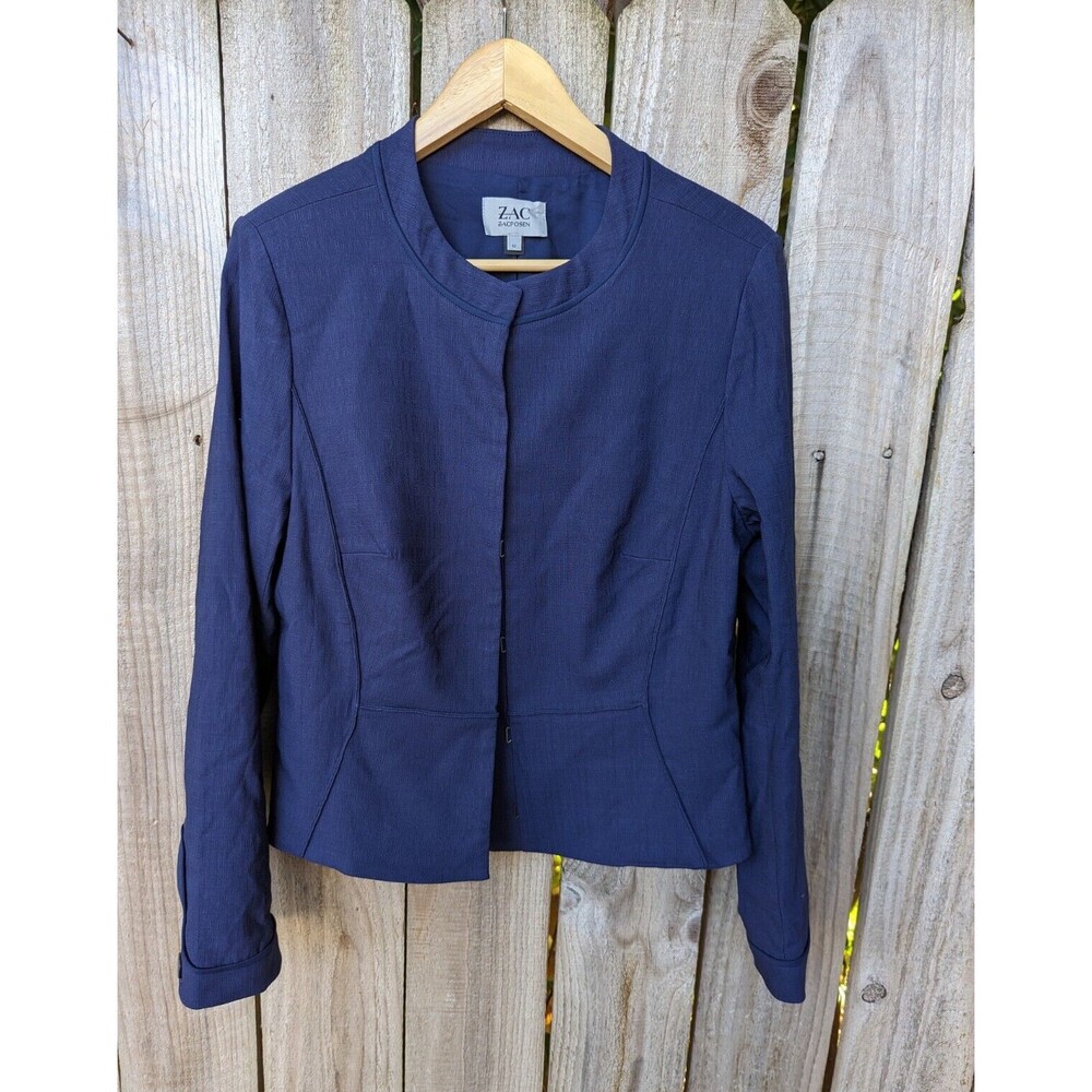 Zac Posen Suit Jacket Navy Blue No Collar Size 12 Shoulder Pads Cotton Blend